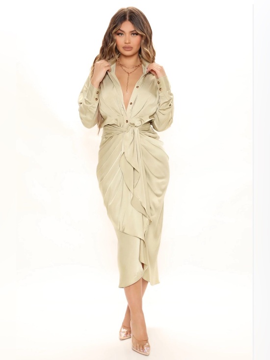 Fashion Nova Dresses & Skirts - Fashion Nova Sage Satin Tie-Front Midi Dress